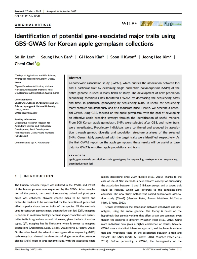 Identification of potential gene-associated major traits using GBS-GWAS for Korean apple germplasm collections
