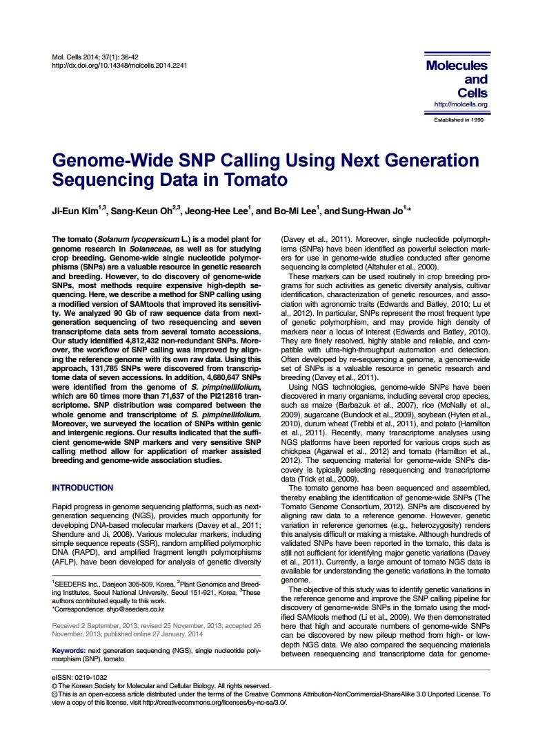 Genome-Wide SNP Calling Using Next Generation  Sequencing Data in Tomato