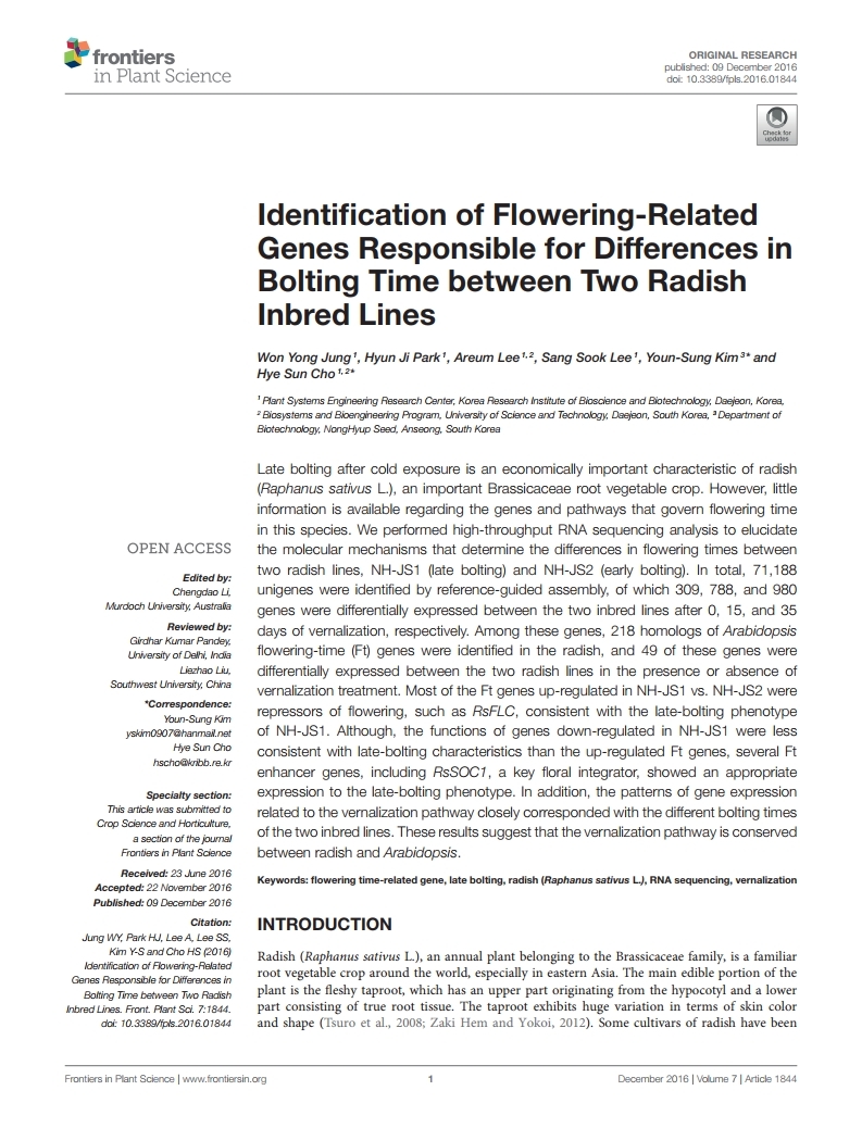 Identification of Flowering-Related Genes Responsible for Differences in Bolting Time between Two Radish Inbred Lines