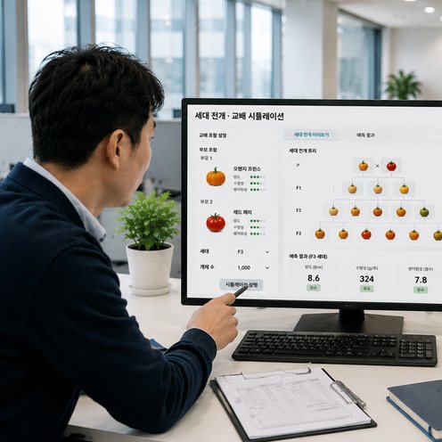 모니터로 세대전개 시뮬레이션을 확인하는 연구원